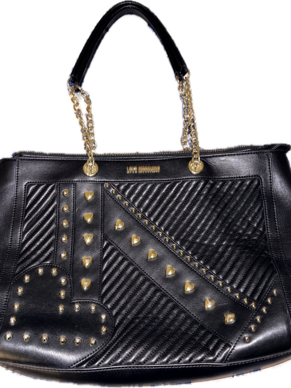 Love Moschino Black Quilted Tote with Gold Heart Studs